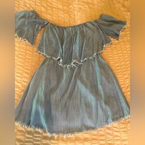 Off the Shoulder - Chambray Denim with Frayed Edges- sundress